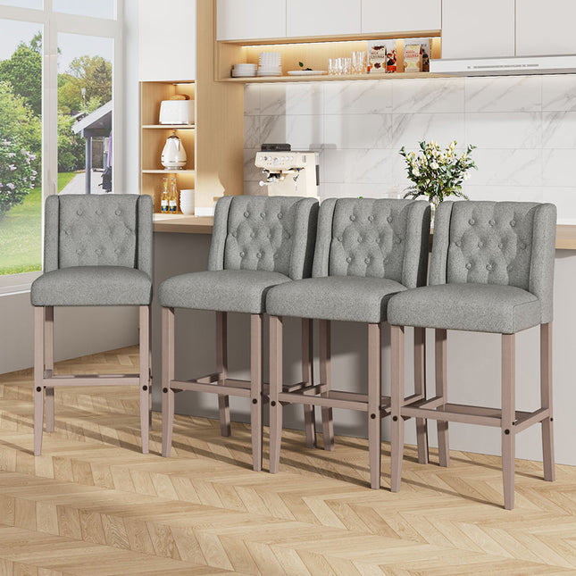 Rustic Set of 2 Bar Stools Linen Tufted with Wood Legs