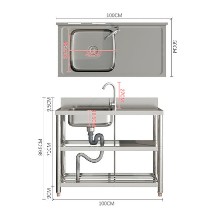 Silver 100cm W Stainless Steel Compartment Sink with Shelves