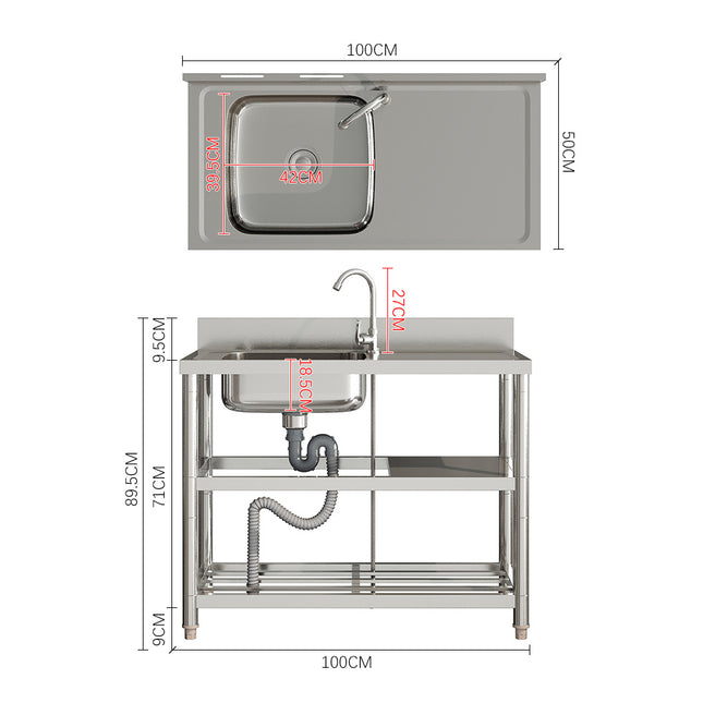 Silver 100cm W Stainless Steel Compartment Sink with Shelves