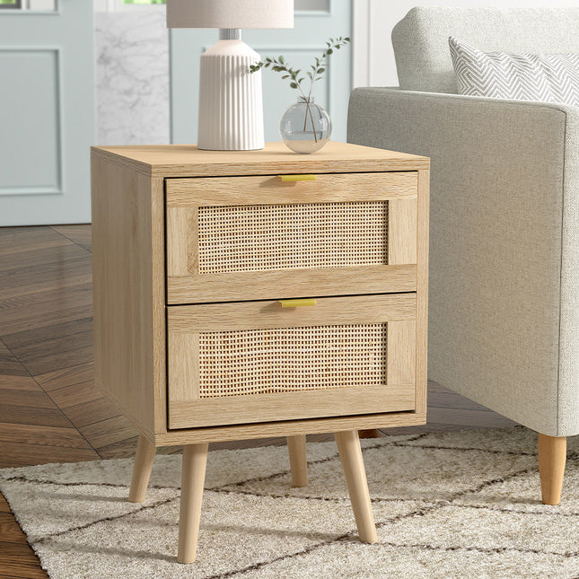 2 Pack Wood and Rattan Side Cabinet