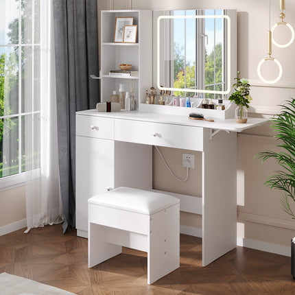 LED Illuminated Mirror Dressing Table Stool Set with Power Strip