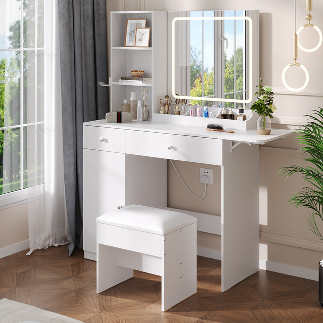 LED Illuminated Mirror Dressing Table Stool Set with Power Strip