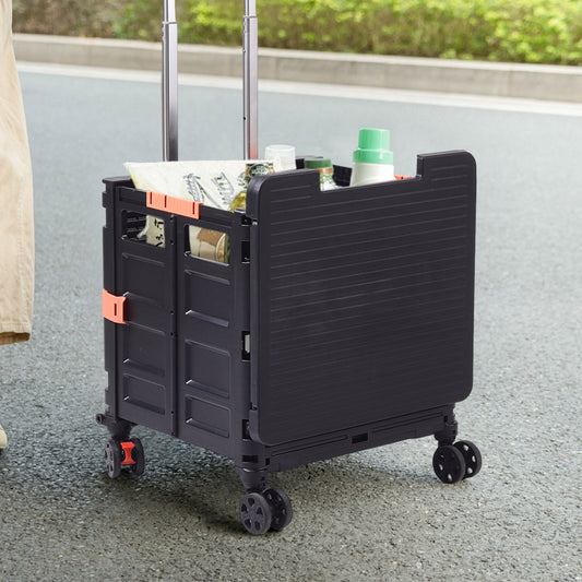 Black 55L Collapsible Rolling Utility Crate with Magnetic Lid and Adjustable Handle