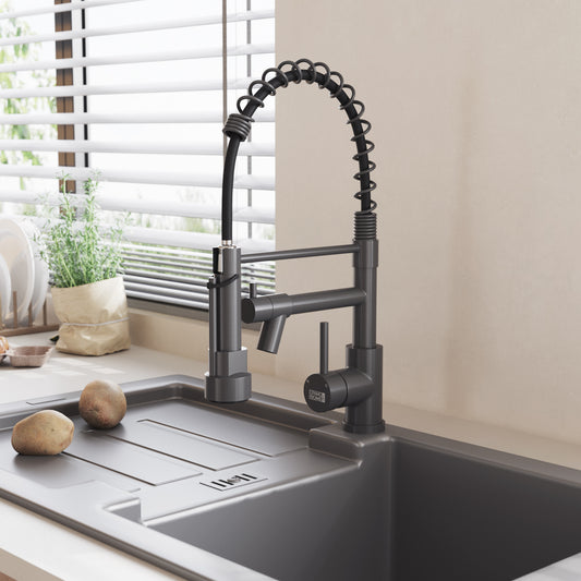 Grey Stainless Steel Kitchen Faucet with Pull Down Spring Spout Single Hole Faucet Grey