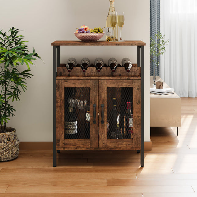 Wooden Wine Bar Cabinet with Wine Rack and Stemware Holders