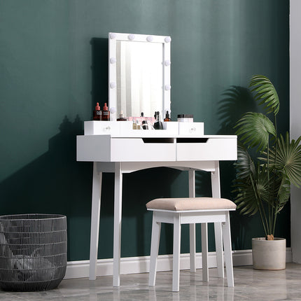 White 80cm Modern Makeup Dressing Desk Set with Lighted Mirror and Stool