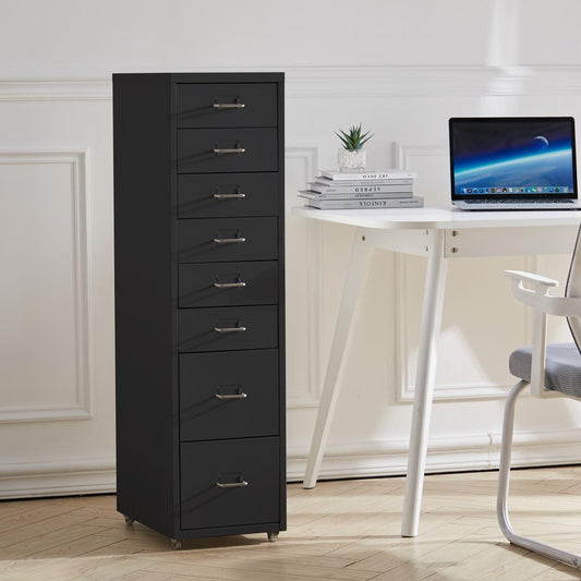 Office Rolling File Cabinet with 8 Drawers Shelf and Wheels, Black