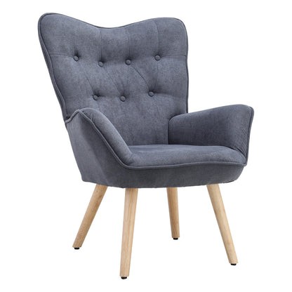 Grey Linen Buttoned Armchair with Wood Legs