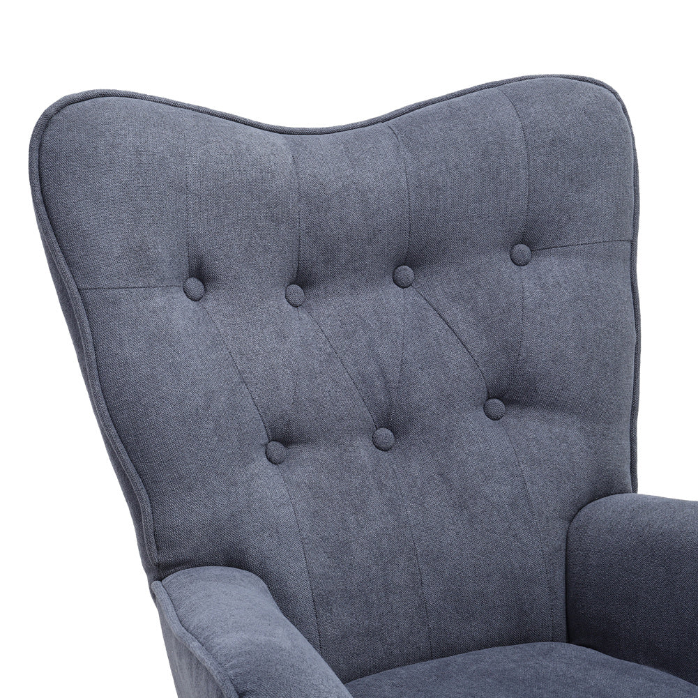 Grey Linen Buttoned Armchair with Wood Legs
