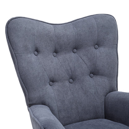 Grey Linen Buttoned Armchair with Wood Legs