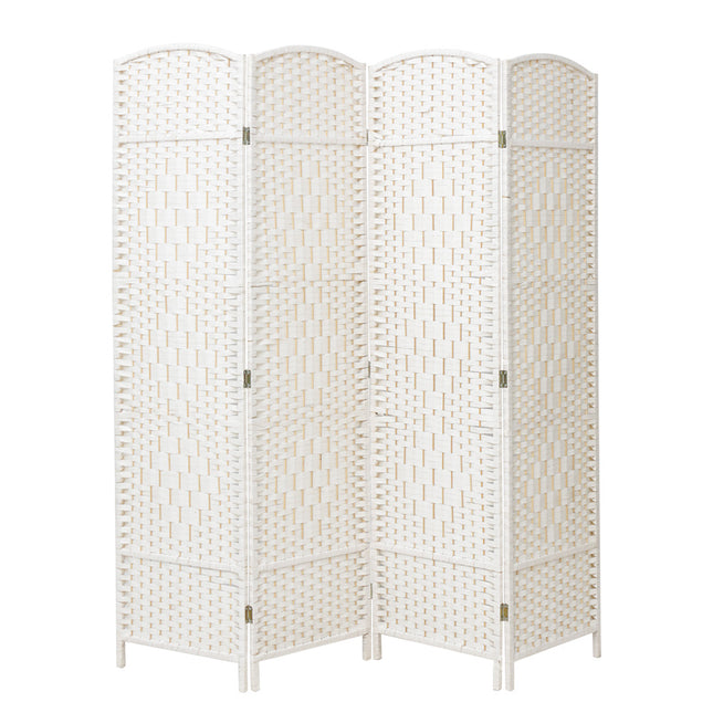 White Solid Weave Wicker Wood Room Divider 4 Panel 160×170cm