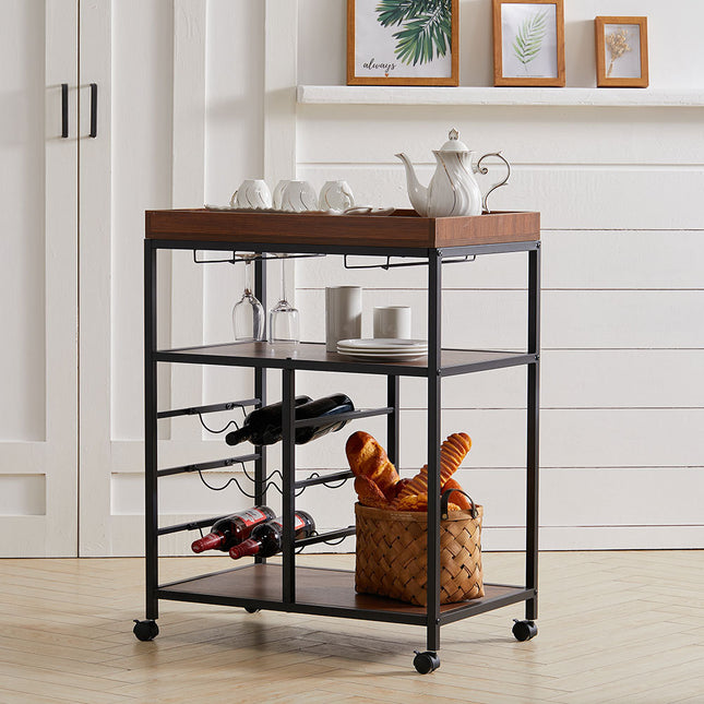 3 Tier Kitchen Trolley with Tea Tray Wood Storage Shelf and Wine Rack Brown H92.5cm