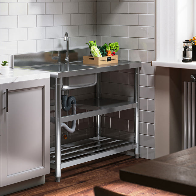 Silver 100cm W Stainless Steel Compartment Sink with Shelves