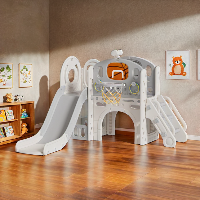 Grey Toddler Slide and Climber Playset with Basketball Hoop