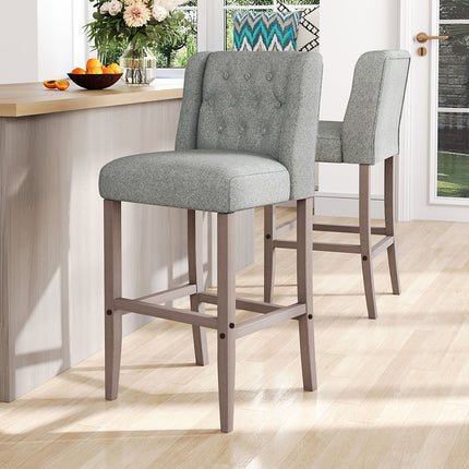 Rustic Set of 2 Bar Stools Linen Tufted with Wood Legs