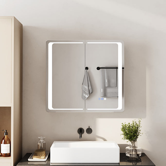 Double-Door Bathroom Mirror Cabinet with LED Lighting
