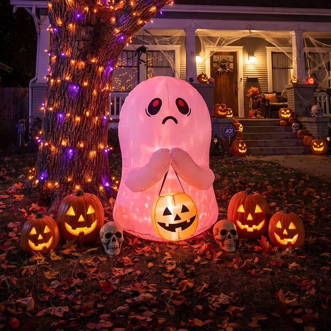 3FT Halloween Inflatable Ghost Holding Pumpkin Bucket with LED Lights