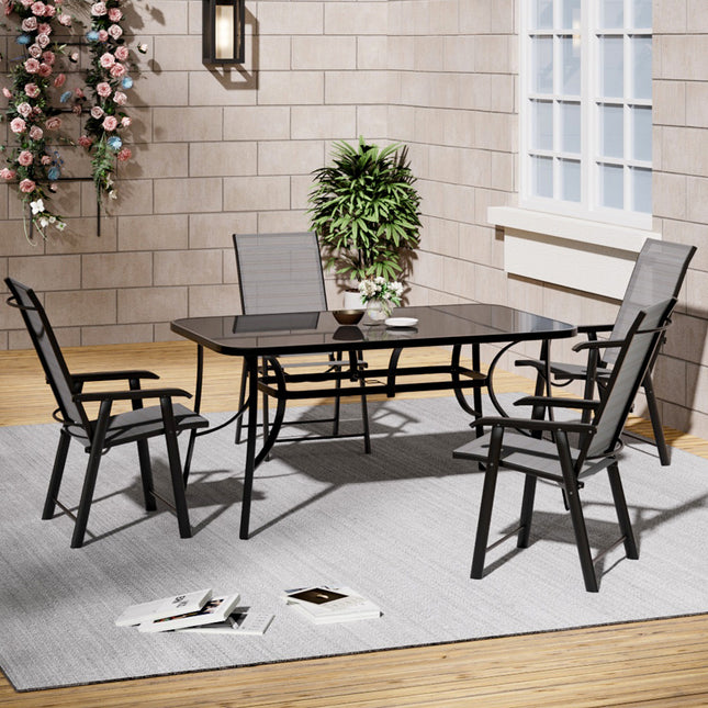 5-Piece Garden Set: 150cm Rectangular Glass Umbrella Table and Folding Chairs