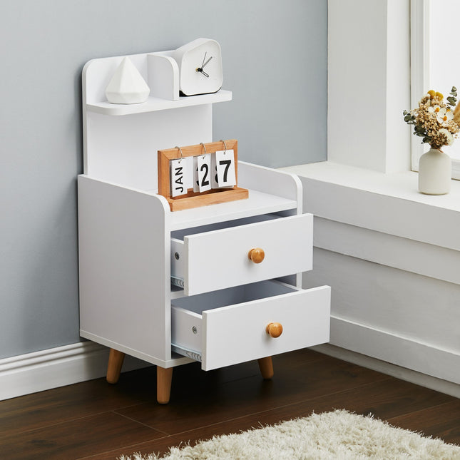 Wood White Bedside Table Nightstand With two Drawers