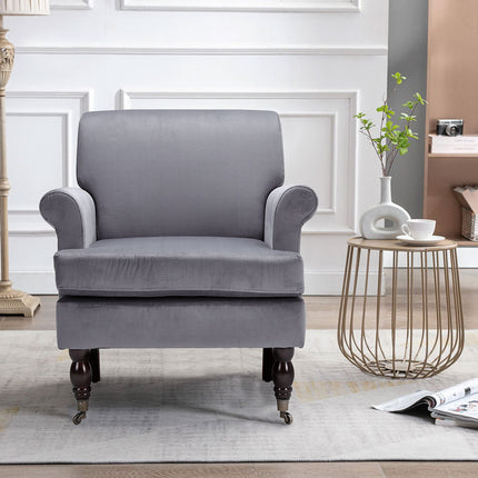Contemporary Velvet Armchair with Wood Legs and Front Casters