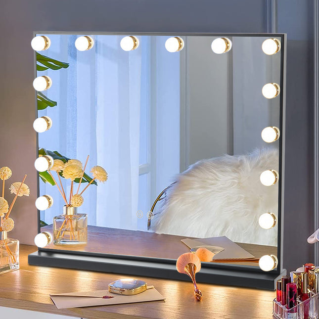 Large Makeup Vanity Dressing Table Mirror With LED Dimmable Lights Black Edge 62x52cm