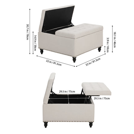 Square Linen Upholstered Storage Ottoman with Lift-Top & Flip Design