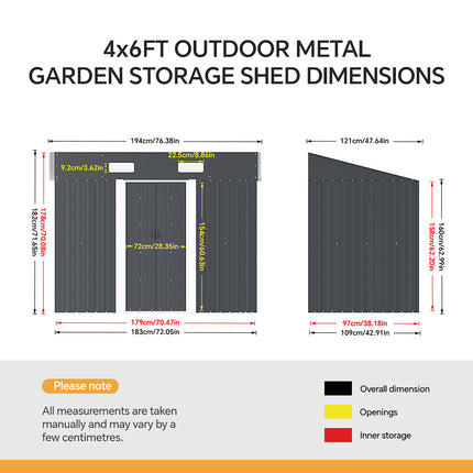4x6ft Metal Garden Storage Shed with Sliding Door