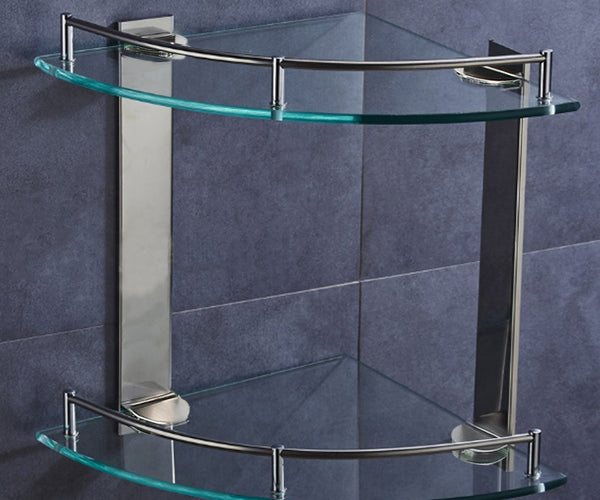 2 Tier Corner Shower Caddy Tempered Glass Panel 25x25cm