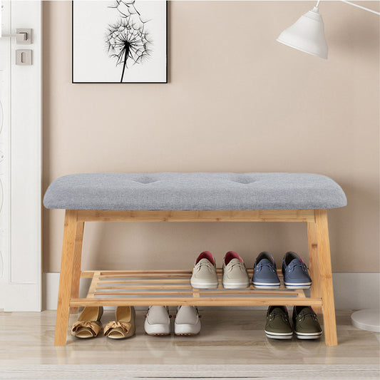 2 Tier Hallway Bamboo bench with Linen Cushion Shoes Storage Rack Grey