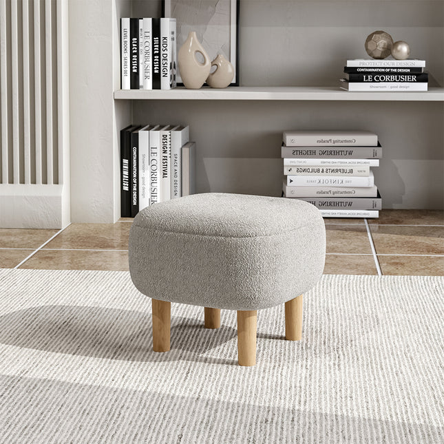 Beige Footstool Pouffe Stool with Wooden Legs
