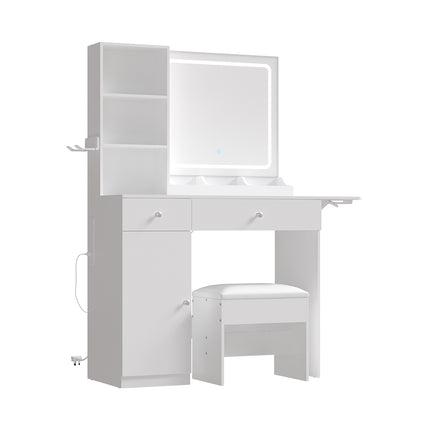 LED Illuminated Mirror Dressing Table Stool Set with Power Strip
