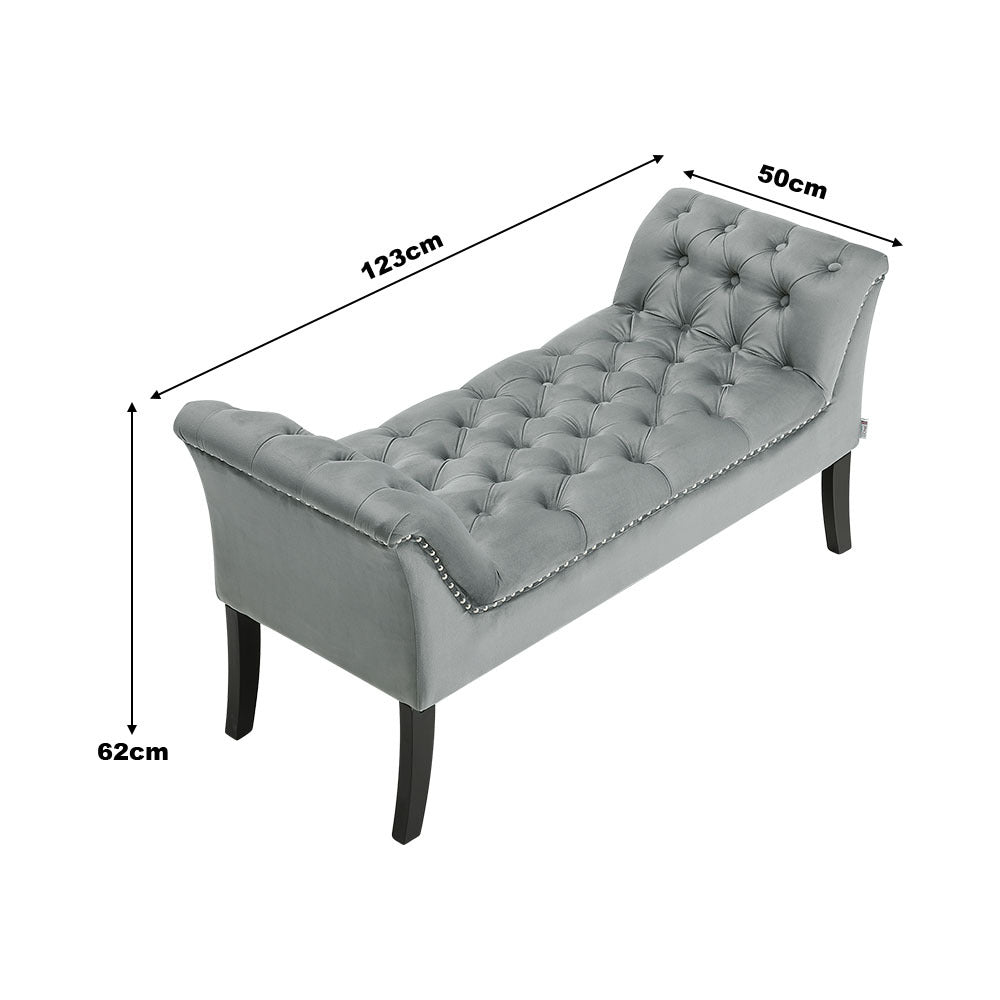 Grey Velvet Buttoned Bench with Black Wood Legs