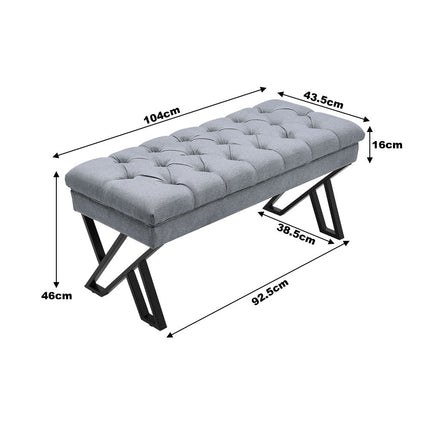 Grey Mid Century Metal Linen Upholstered Bench
