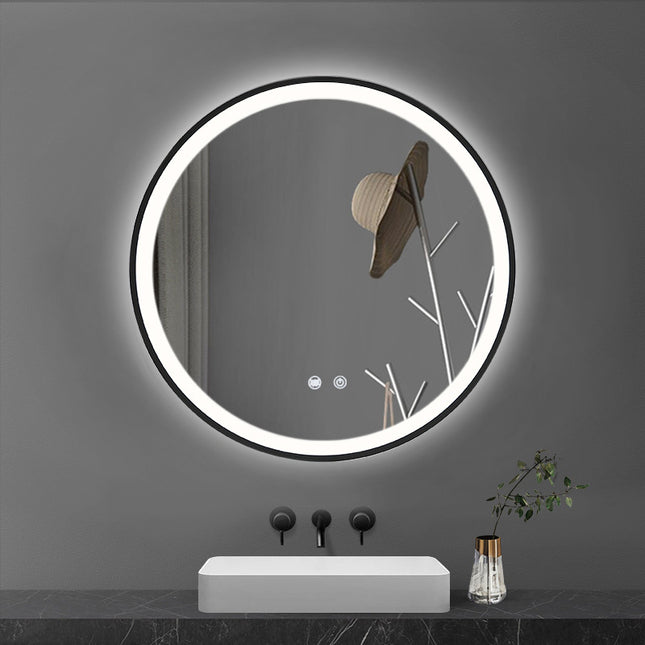 Black 60cm Round Metal Framed LED Wall Mirror