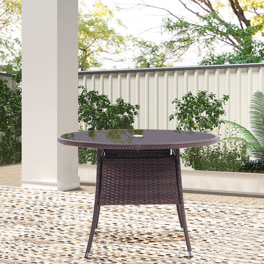 105CM Patio Garden Round Rattan Glass Table With Umbrella Hole Brown