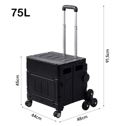 Black 75L Collapsible Rolling Utility Crate Shopping Cart with 8 Wheels