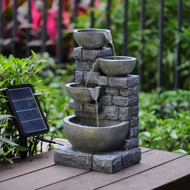 Grey 4 Tier Bowl Solar Water Fountain with LED Light 45cm H