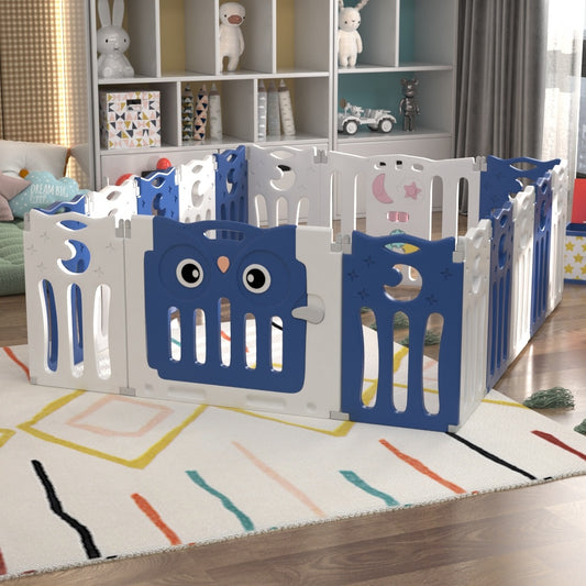 Blue 16 Panels Kids Child Playpen Foldable Safety Gate Fence with Lock