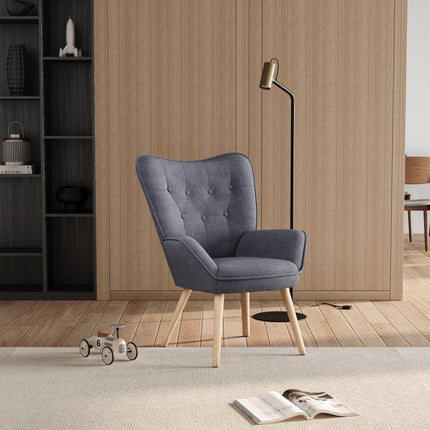 Grey Linen Buttoned Armchair with Wood Legs