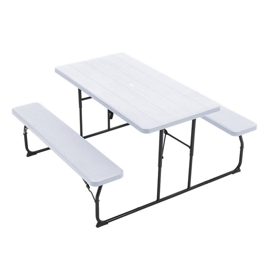 White Foldable Picnic Table and Bench Set with Parasol Hole