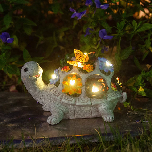 Solar-Powered Turtle Garden Ornament with Lights & Succulents