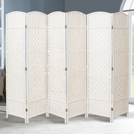 White Solid Weave Wicker Wood Room Divider 6 Panel