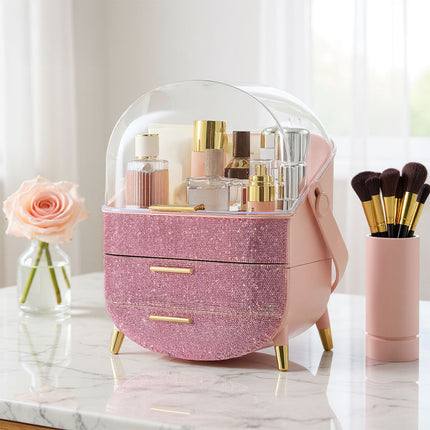 Countertop Portable Oval Makeup Storage Box with Transparent Cover