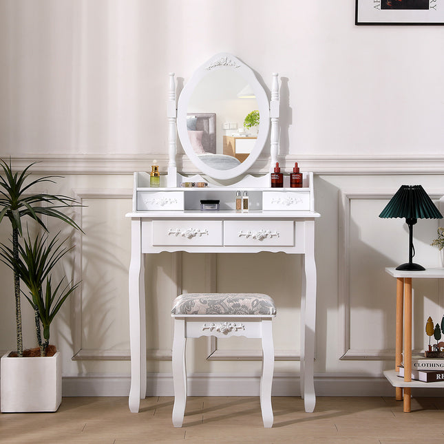White 4 Drawers Dressing Table with Mirror and Stool Set 141cm H