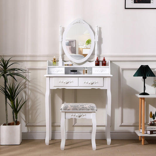 White 4 Drawers Dressing Table with Mirror and Stool Set