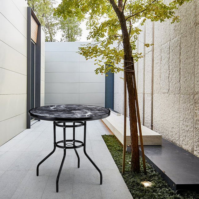 80cm Black Round Outdoor Coffee Table with Tempered Glass Marble Top