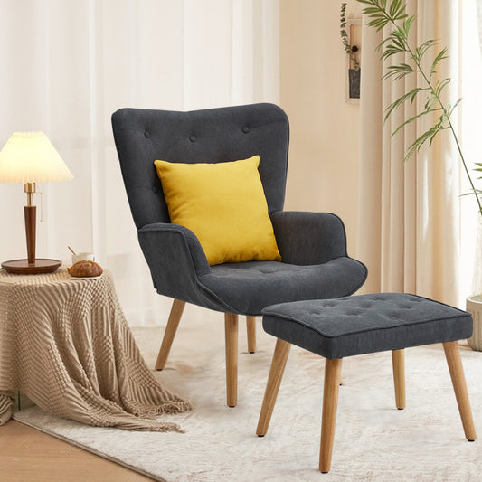Grey Tufted Armchair with Cushion and Footstool