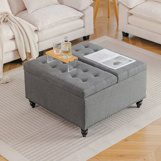 Square Linen Upholstered Storage Ottoman with Lift-Top & Flip Design