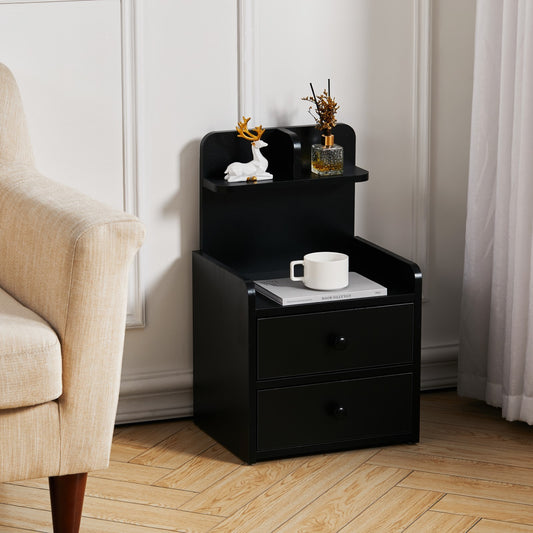 Wood Black Bedside Table Nightstand With two Drawers