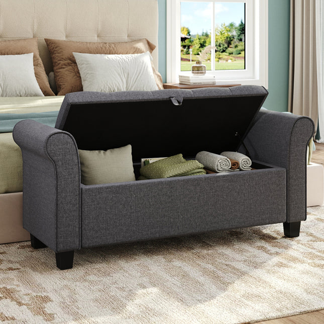 Linen Splayed Armrest Storage Ottoman Bench Chaise